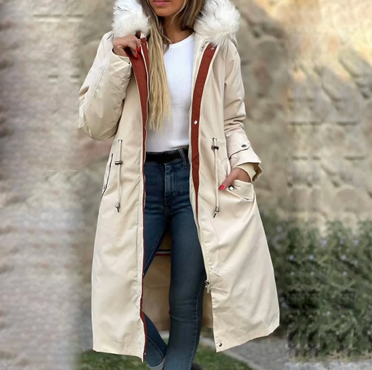 Parka informal con cuello de piel y capucha de invierno para mujer